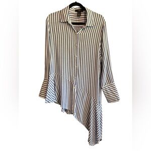 RAIN Woman's Striped Asymmetrical Hem Long Sleeve Button Down Shirt, Size L